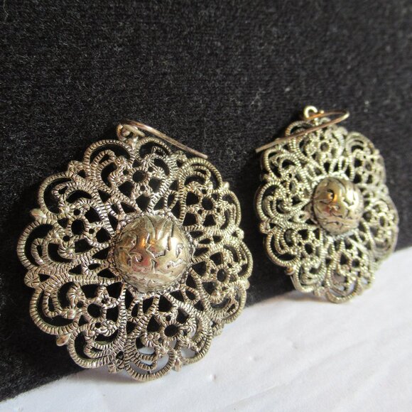 Filigree Drop, Lace Flower, Earrings, Faux Patina, Large, Fashion, Silver tone - Picture 1 of 9